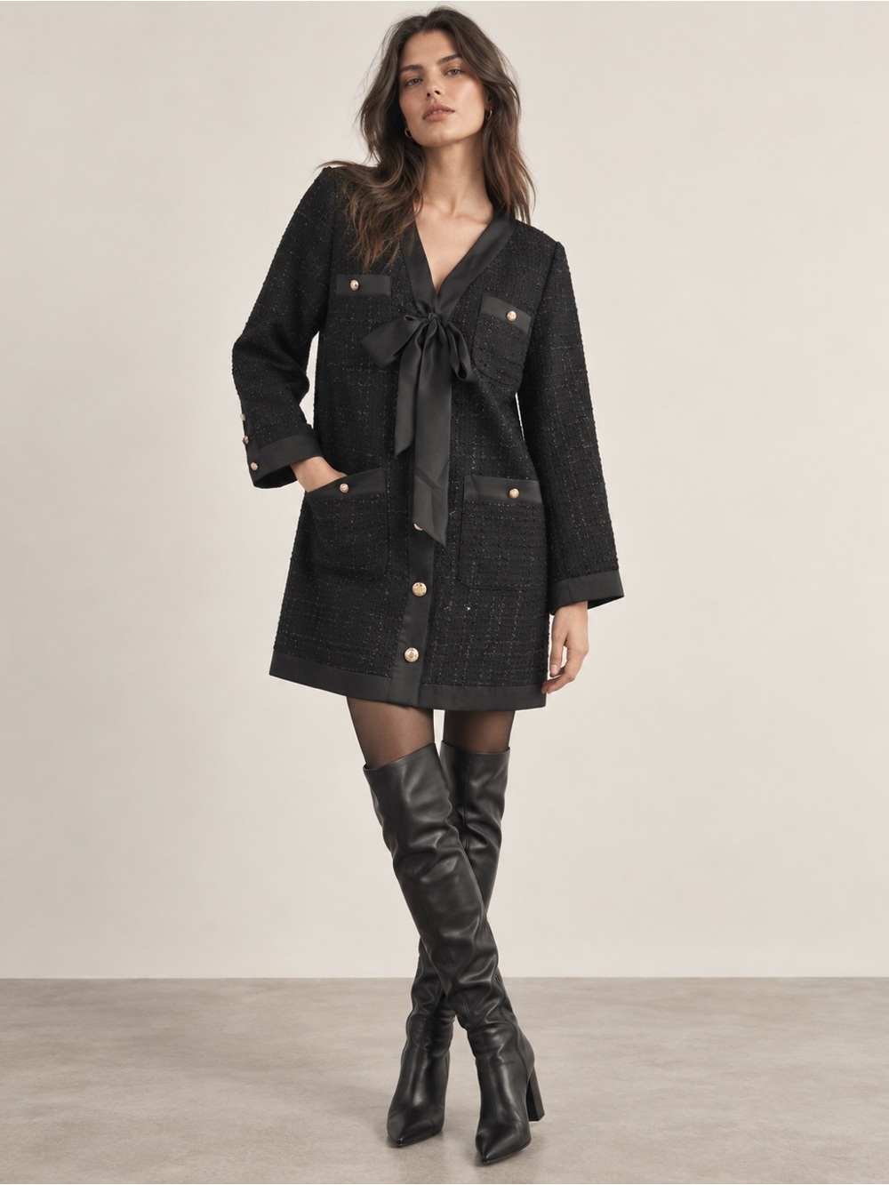 #258 New!Elegant Black Tweed Dress with Bow Detail - Picture 3 of 3